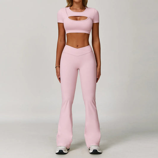 طقم يوغا نسائي من قطعتين – ملابس جيم وتمارين، سويت شيرت وتيشيرت رياضي، برا رياضي، ليجنز للركض والجيم، مناسب للياقة واليوغا.