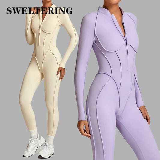 SWELTERING Women Yoga Fitness Bodysuit Sports Jumpsuit High Elasticity Gym Workout One-Piece Zipper & Chest Cushion Gym Bodysuit