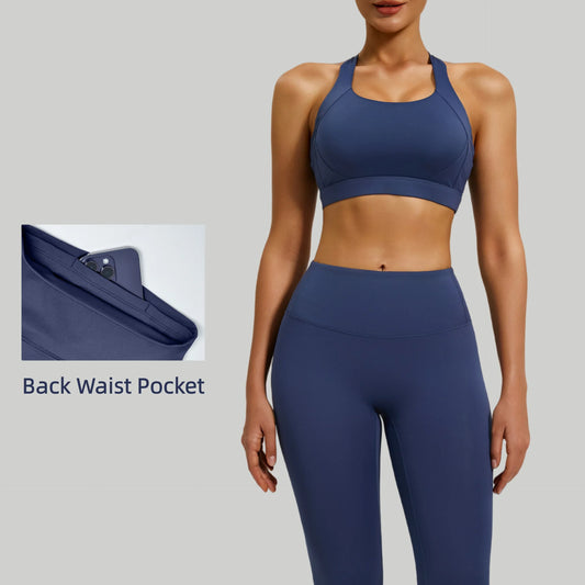 طقم يوغا نسائي 2 قطع، برا رياضي ضد الصدمات وليقينغ يرفع الأرداف مع جيوب، مثالي للجيم، الجري، والبيلاتس