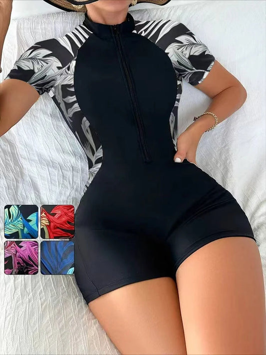 بدلة سباحة نسائية قطعة وحدة بنقشة زهور، كم قصير وسحاب قدام، تحمي من الشمس