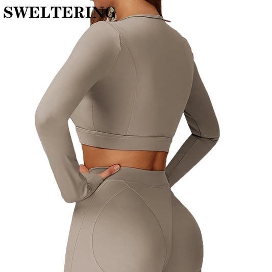 Yoga Long Sleeve Solid Sports Crop Tops Gym Fitness Running Shirts Women Sexy Exposed Navel Quick Dry Workout Sports T-Shirts