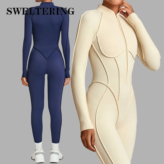 בגד גוף יוגה כושר לנשים לוהט סרבל ספורט גמישות גבוהה אימון חדר כושר חלק אחד רוכסן וכרית חזה בגד גוף כושר